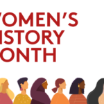 Women's History Month graphic featuring a line of diverse women across the bottom.