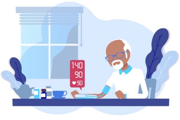 a white-haired man sitting at a desk with a blood pressure cuff on his arm, looking at the reading. Also on the desk: Teapot, cup, bottles of medicine