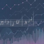illustration of musical notation - treble clef with ascending notes -- with bar and line graphs showing upward trends in the background.