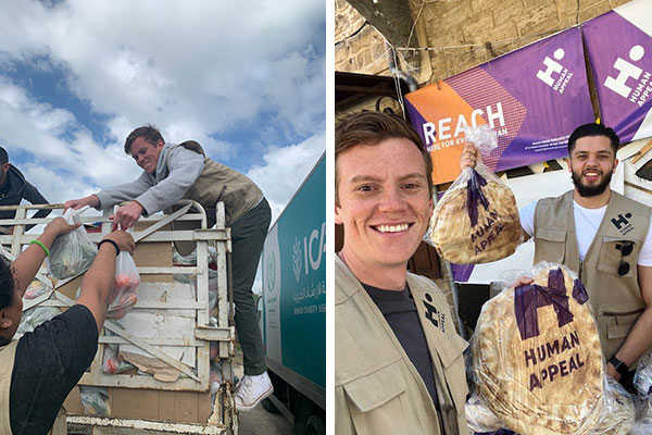 side by side photos: Doug Barnard with Human Appeal in Lebanon, distributing bread and Doug Barnard standing on the side scaffolding on a truck and handing down bags of food.