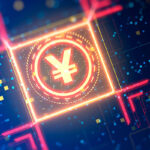 Yuan currency sign on a abstract digital background. Financial hi-tech theme background. 3d graphic wih bokeh and neon lights.