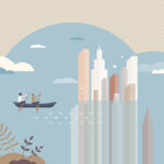 a couple in a canoe paddling towards skyscrapers half submerged in water.