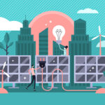 illustration of a cityscape with tall buildings and trees, windmills and solar panels, and a man holding a plug and a woman holding a lightbulb.