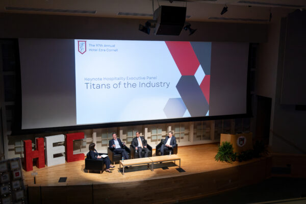 At HEC 97’s Hospitality Executive Panel “Titans of the Industry,” Dean Kate Walsh moderates a panel featuring alumni Keith Barr ’92, CEO of IHG; Tony Capuano ’87, CEO of Marriott International; and Kevin Jacobs ’94, CFO and president of global development for Hilton Worldwide.