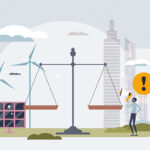 Illustration of renewable energy sources, solar panels and windmills, with tiny people on either side and a scale of justice in the foreground.