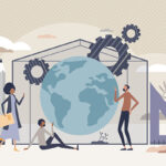 Illustration of 2 men and 1 woman examining the globe, framed by the outline of a house flanked by tools (gears, a pencil, a triangular ruler) and plants and sky with a few clouds in the background.