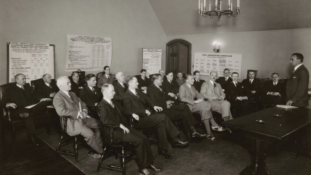 A meeting with industry leaders in Willard Straight Hall in 1934.