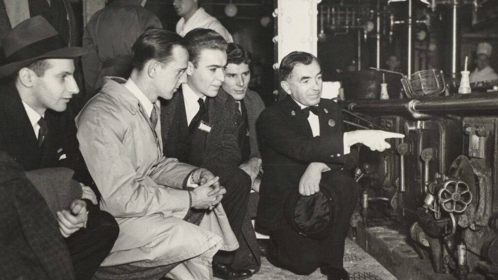 Students visit the liner Ile de France in New York in 1938.