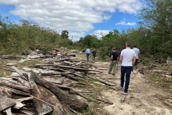  A group of team members and PFS members walk along a path to the right side of a debris pile. The debris pile is made up of long pieces of stripped bark wood and other wooden bio-mass.