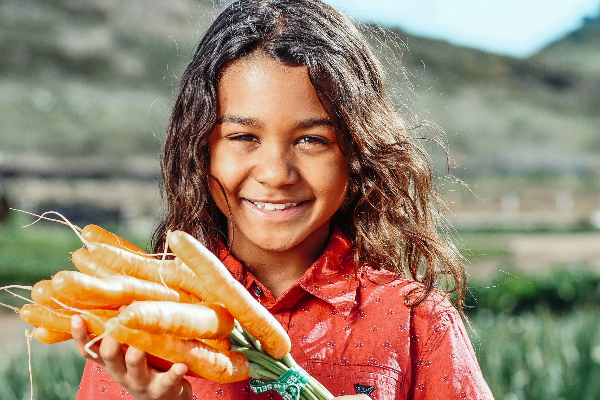 A young child in a field holding fresh carrots