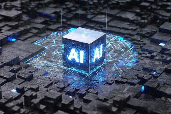 Illustration of a computer chip that says AI