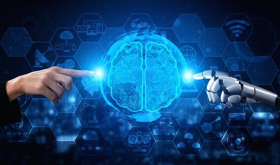 Human hand and robot hand touching a digital brain