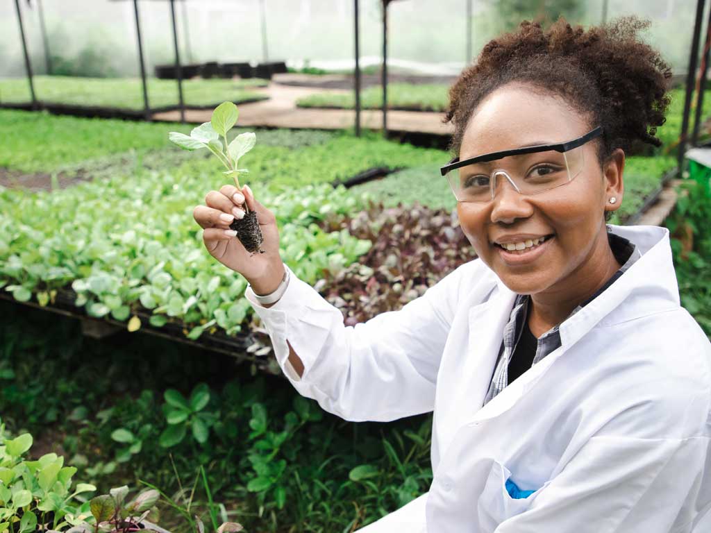 A woman in a lab coat and glasses holding a plant sprout in a greenhouse. 