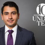 headshot of Raj Dave with the 10 Under 10 graphic identifier overlaid on the photo background next to him.
