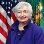 Portrait of Janet Yellen, 78th United States Secretary of the Treasury, in front of the American flag,