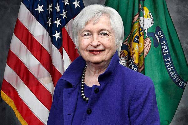 Portrait of Janet Yellen, 78th United States Secretary of the Treasury, in front of the American flag,