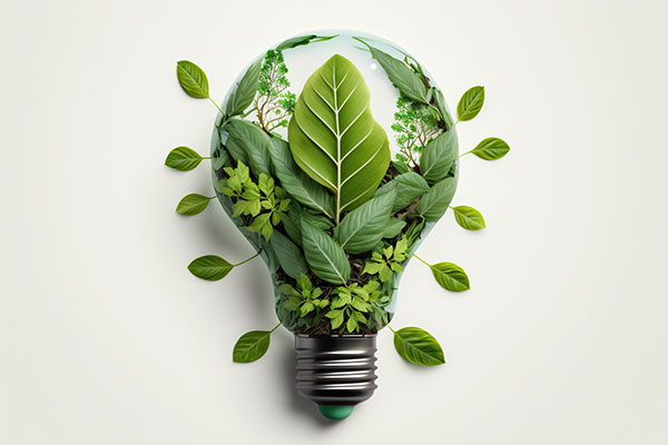 image of green leaves growing inside and outside of a light bulb.