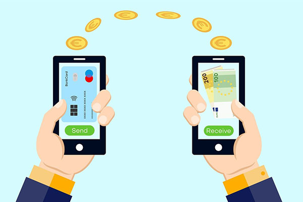 Illustration showing two hands holding cell phones with money flowing from one phone to the other.