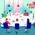 Illustration of people of various ages and ethnicities sitting at a large round table in an office with a floor to ceiling window and a cityscape beyond.