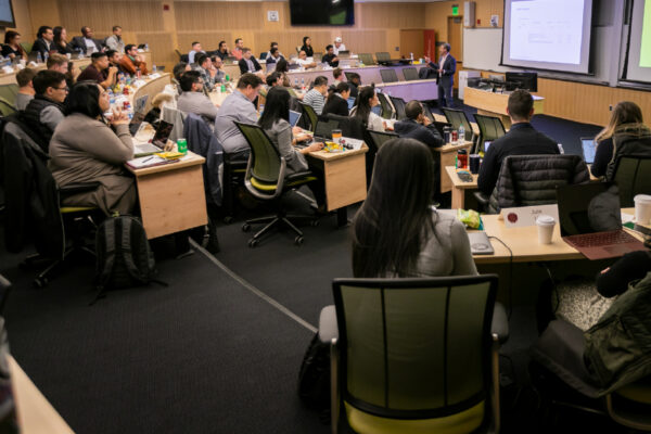 Students listening during a class in the Breazzano Family Center.