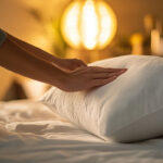 photo of a woman's forearms and hands pressing down on a pillow with soft lighting in the background.
