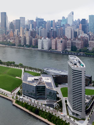 arial view of Cornell Tech campus and NYC skyline