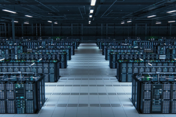 Image of a clean, modern room filled with rows of servers, glowing with blue and green lights