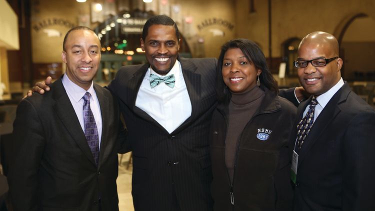 Founders Evan Frazier ’92, Alfred Watts ’91, Penni Wint Urquhart ’92, and Michael Burkeen ’92 reunited at the 25th national conference of the National Society of Minorities in Hospitality in March 2014.