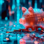 A piggy bank standing on gold coins placed on a computer motherboard
