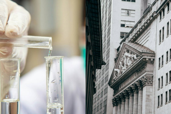 Split photo. Photo one on the left has two test tubes with a hand pouring liquid into one. Photo two on the right is an image of Wall Street building in New York City.
