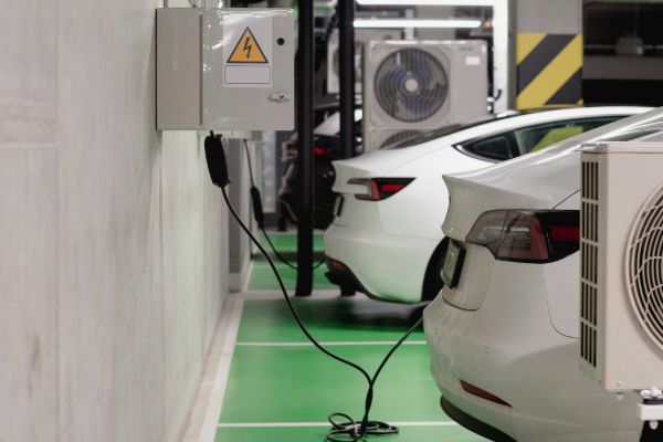 Two white electric cars at a charging station in a green-painted parking garage.