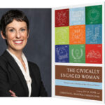 A headshot of a woman with short hair in a suit, next to an enlarged image of a book with a colorful cover.