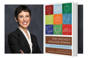 A headshot of a woman with short hair in a suit, next to an enlarged image of a book with a colorful cover.