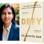 Headshot of Sunita Sah with enlarged image of her book.