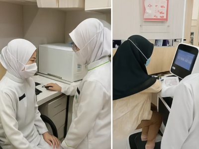 Two photos of students at SMK Kesehatan Sekawan, a vocational school in Jakarta, Indonesia. On the left, two students in white uniforms practice a medical checkup. On the right, two students work with a medical device at a desk.