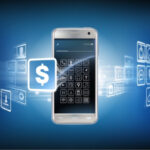 A smartphone with a glowing screen displaying various app icons, surrounded by floating digital icons including a dollar sign, set against a blue gradient background