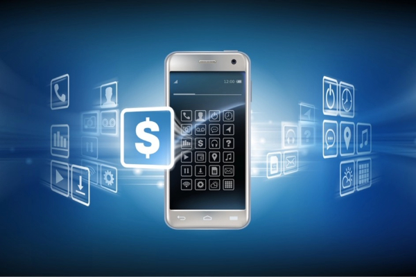 A smartphone with a glowing screen displaying various app icons, surrounded by floating digital icons including a dollar sign, set against a blue gradient background