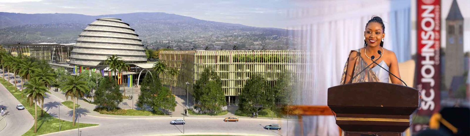 Aerial view of Hanga Ahazaza building on the left and woman standing at at podium on the right.