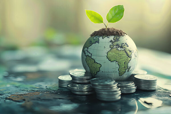 small plant sprouts from globe sitting on pile of coins, symbolizing sustainable growth and global investment.