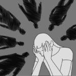 An illustration of a person looking down holding their head, with silhouettes of six people looming above.