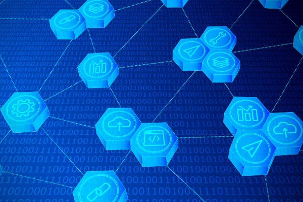 A digital-themed illustration featuring interconnected hexagonal icons with symbols like graphs, gears, cloud storage, and code brackets over a blue binary background