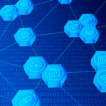 A digital-themed illustration featuring interconnected hexagonal icons with symbols like graphs, gears, cloud storage, and code brackets over a blue binary background