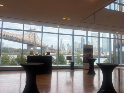 Manhattan skyline from windows inside a building.