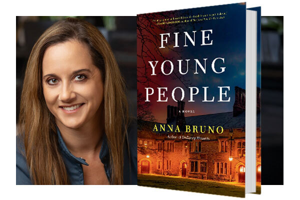 Headshot of Anna Bruno, MBA '10, next to the cover of her book "Fine Young People"