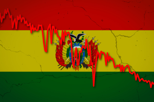 The Bolivian flag with its national coat of arms overlaid by a graph of plummeting natural gas production