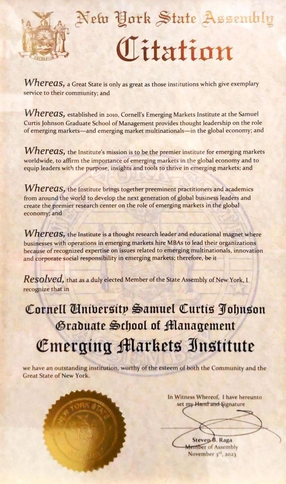 New York State Assembly citation recognizing Cornell University’s Emerging Markets Institute for exemplary service and leadership in global business and emerging markets research.