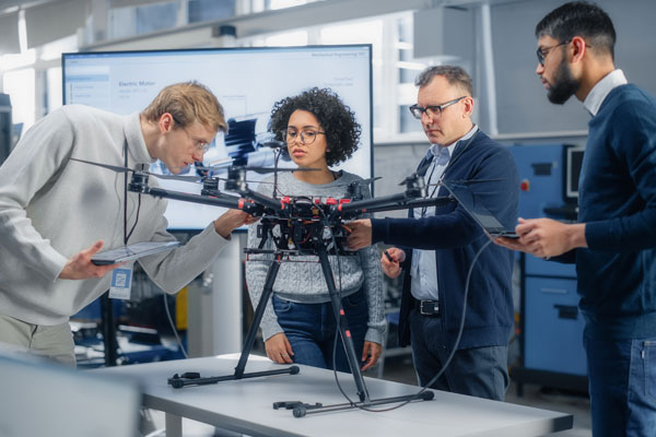 Inventors and engineers working in an office.