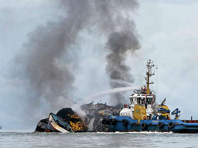 A fishing vessel on fire off the coast of Buenaventura, Colombia
