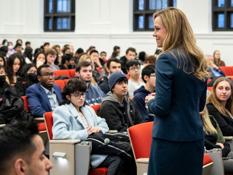 Alumn Devry Boughner Vorwerk speaks to Dyson students in auditorium