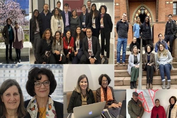 A collage of six photos showing Lourdes Casanova and Anne Miroux together and with groups in different indoor and outdoor settings.